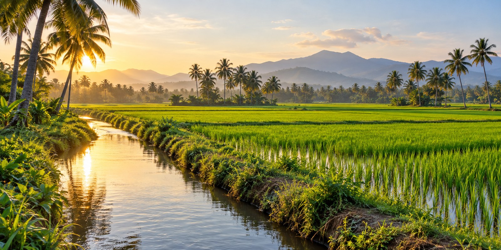 Illustration of paddy fields and coconut palms inspired by Tamil Nadu agriculture