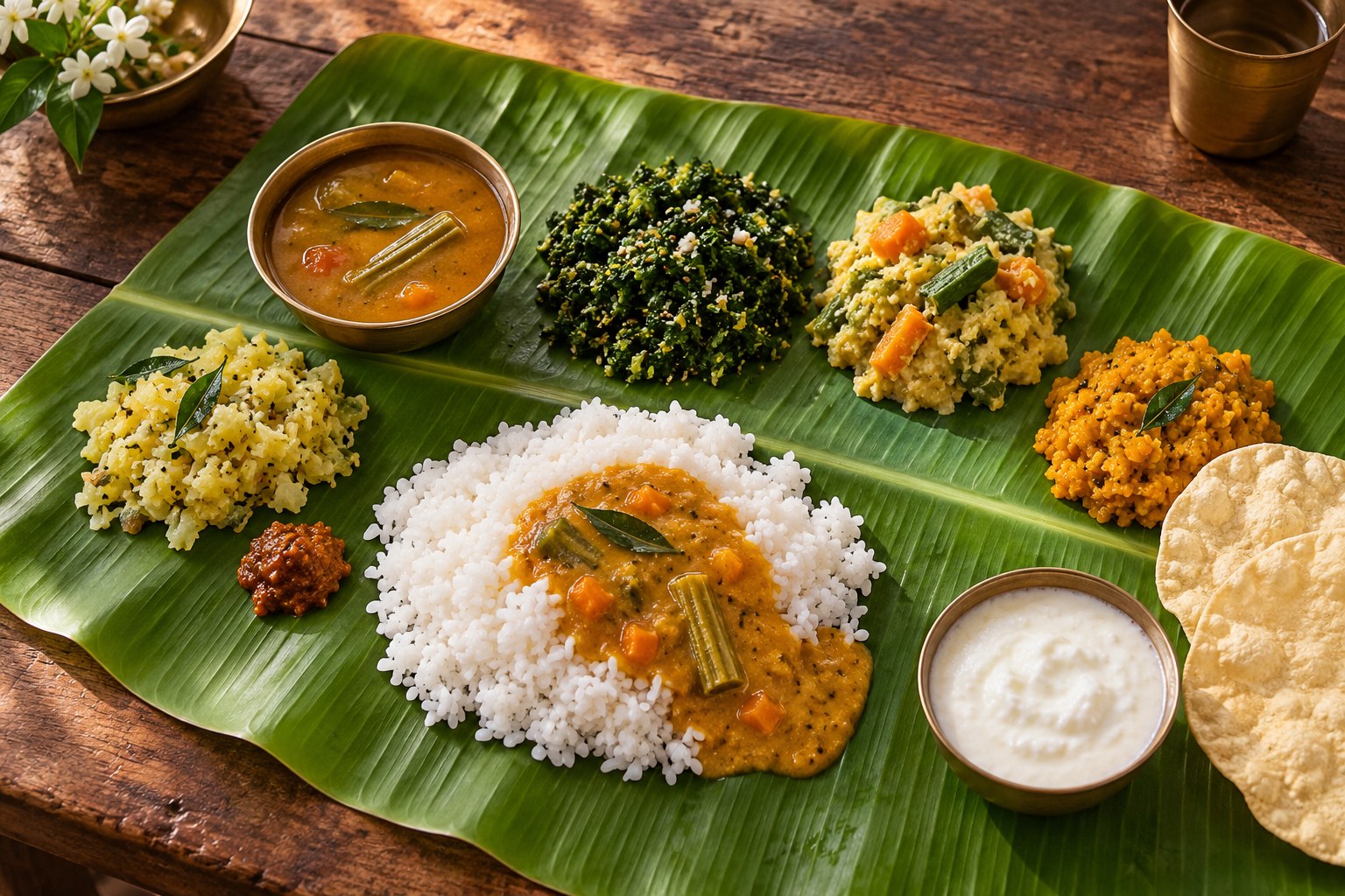 Tamil Nadu-inspired vegetarian meal on a banana leaf